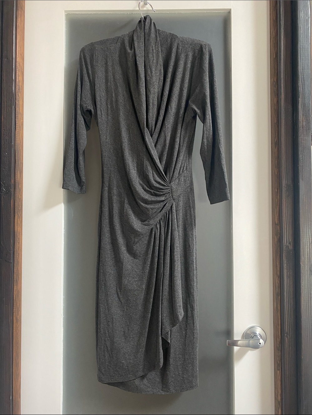 Karen Kane Charcoal Gray Draped Twist-Front Long Sleeve Dress